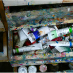 Photograph of one of the many paint drawers in British artist Hilary Barry's studio.