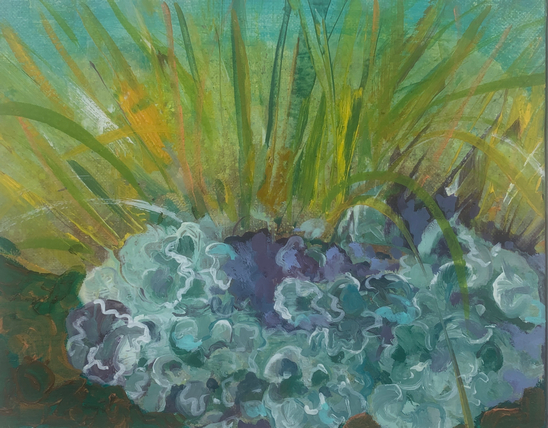 Photo of Hilary Barry's oil painting on canvas "And Then They Are Gone", showing flowers in the foreground with long grass and reeds behind.