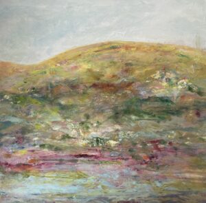 Photo of British artist Hilary Barry's landscape painting "And There It Is Again" (oil on canvas, 40 x 40 cm)