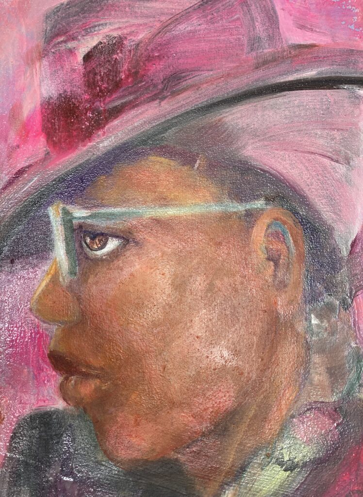 Photo of British artist Hilary Barry's portrait of a girl with a hat and glasses: "Another Rose" (oil on canvas, 30 x 40 cm)