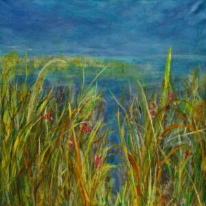 Photograph of British artist Hilary Barry's landscape painting in oil on canvas, depicting long grass against a sea background. Title "Another Side of Time". Size 100 x 100 cm.