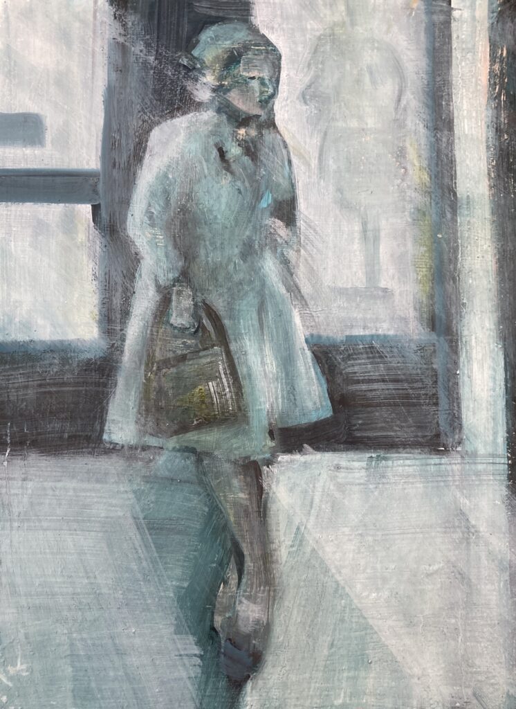 Photo of British artist Hilary Barry's painting of a girl holding her handbag: "Betty's" (oil on canvas, 30 x 40 cm)