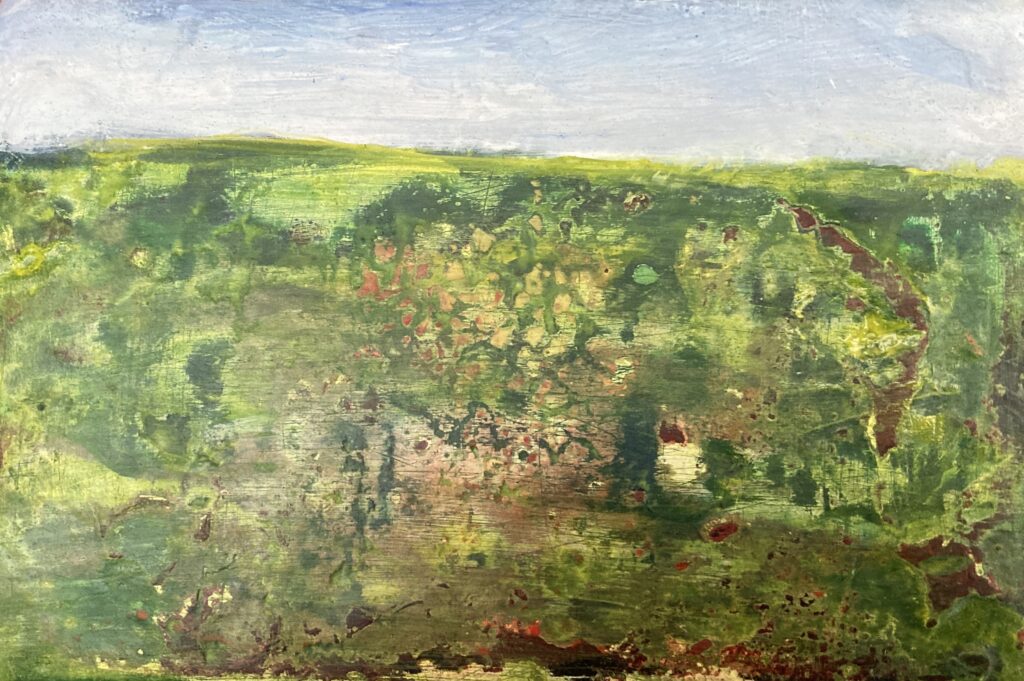 Photo of British artist Hilary Barry's landscape painting "Buried" (oil on canvas, 15 x 10 cm)