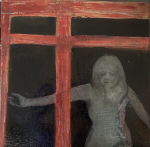 Photo of British artist Hilary Barry's painting "Darkroom" (40 x 40 cm, oil on canvas)