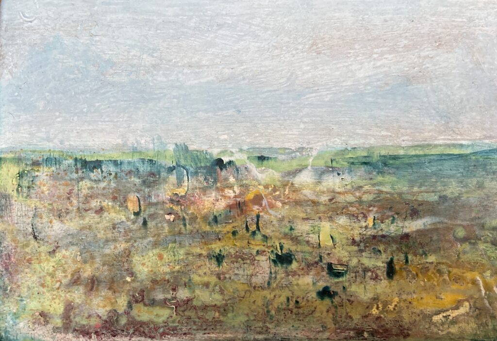 Photo of British artist Hilary Barry's landscape painting "Distant" (oil on canvas, 15 x 10 cm)