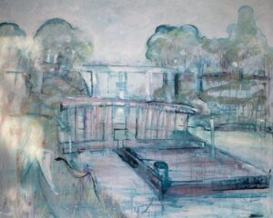 Photo of British artist Hilary Barry's landscape painting "Dreamed or Remembered", showing a bridge and pontoon on a river (oil on canvas, 130 x 105 cm)