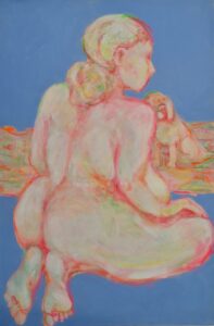 Life drawing in oil on canvas of a female figure kneeling with her back to the viewer, A dog in front of her looks on.