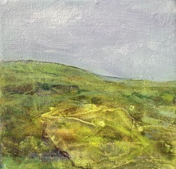 Photo of British artist Hilary Barry's landscape painting "Far Away" (oil on canvas, 20 x 20 cm)