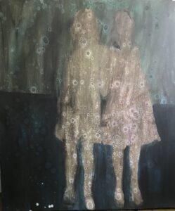 Photograph of British artist Hilary Barry's painting in oil on canvas, titled "Feeling What We Were Feeling". Size 107 x 122 cm. Part of the "Lock-Down" series.