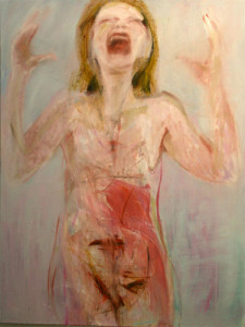 Photograph of British artist Hilary Barry's painting in oil on canvas, titled "Why?". Size 122 x 152 cm.
