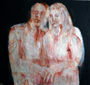 Photograph of British artist Hilary Barry's painting in oil on canvas, titled "Carried". Size 125 x 153 cm,