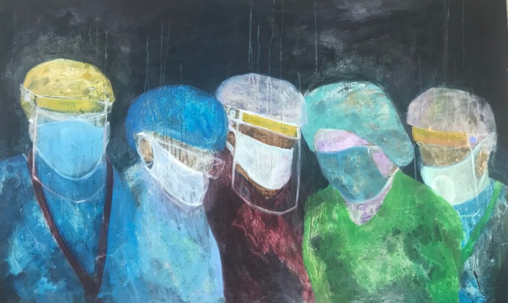 Photograph of British artist Hilary Barry's painting in oil on canvas, titled "Grief, Ruins and Miracles". Size 140 x 87 cm. Part of the "Lock-Down" series, showing five doctors and nurses wearing Covid-19 personal protective equipment, gathered over the unseen body of a patient undergoing treatment.