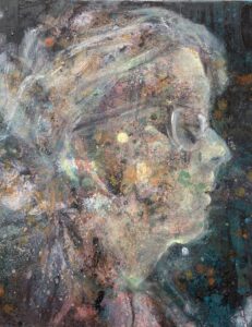 Photo of British artist Hilary Barry's self-portrait "Herself 200611" (oil on canvas, 30 x 40 cm)