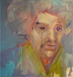 Photo of British artist Hilary Barry's portrait of the late Jimi Hendrix, "Hey" (oil on canvas, 76 x 76 cm)