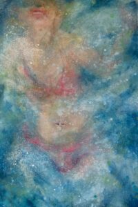 Photograph of British artist Hilary Barry's painting in oil on canvas, titled "In at the Deep End", showing a woman underwater, lunging for the surface in a cloud of bubbles. Size 60 x 90 cm.