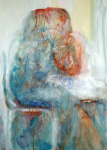 Photo of British artist Hilary Barry's figurative painting "In the Same Space" (oil on canvas, 93 x 120 cm)