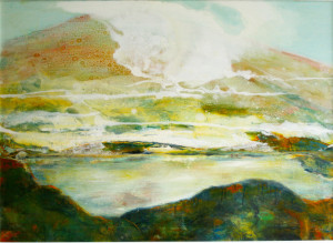 Photograph of British artist Hilary Barry's painting in oil, titled "Iron in the Water". Size 67 x 61 cm.