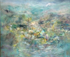 Photo of British artist Hilary Barry's landscape painting "It Once Was" (oil on canvas, 152 x 122 cm)