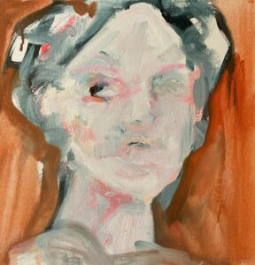 Abstract face-on portrait by British artist Hilary Barry of a girl with her eyes averted, to look away from the viewer. Contemporary portrait.