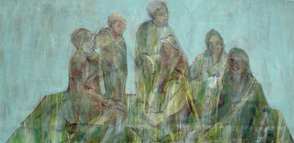 Photo of British artist Hilary Barry's painting of a family group: "Keeping Close" (oil on canvas, 100 x 50 cm)