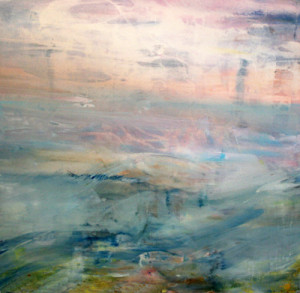 Photograph of British artist Hilary Barry's painting in oil on canvas, titled "Shift". Size 96 x 96 cm.