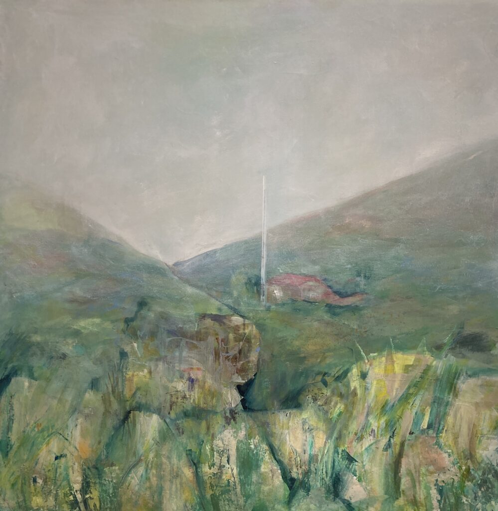 Photo of British artist Hilary Barry's landscape painting "Light Unfolds" (oil on canvas, 100 x 100 cm)