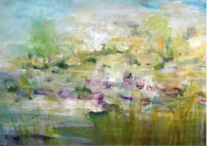 Photograph of British artist Hilary Barry's painting in oil on canvas, titled "Like an Eager Smile". Size 196 x 118 cm.