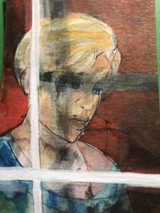 Photo of British artist Hilary Barry's painting "Looking" (A4, water colour)