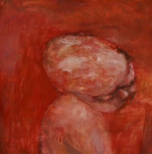 Photo of British artist Hilary Barry's figurative painting "Making It" (oil on canvas, 62 x 96 cm)