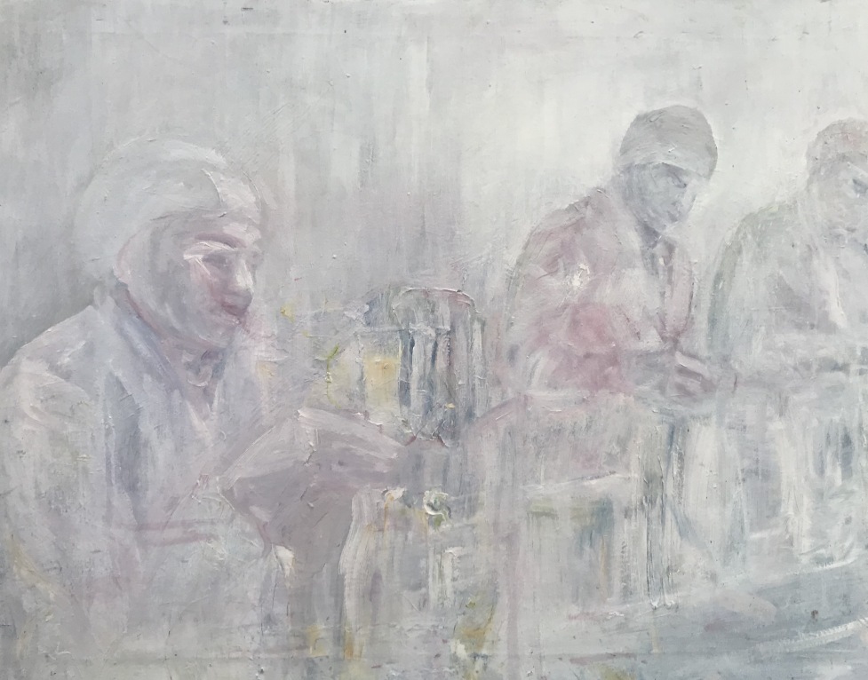 Photograph of British artist Hilary Barry's painting in oil on canvas, titled "When Will It End?". Size 90 x 70 cm. Part of the "Lock-down" series, showing laboratory scientists working 24 hours a day, seven days a week to produce an anti-Covid vaccine.