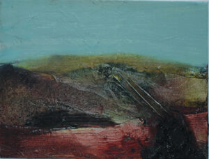 Photo of British artist Hilary Barry's landscape painting "My Father Knew the Story" (oil on canvas, 24 x 18 cm)