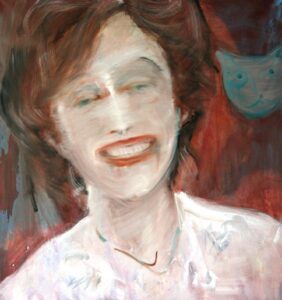 Face-on portrait in oil on canvas of a girl with red lipstick against a bright red background. She has her eyes closed and is smiling broadly.
