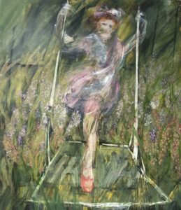 Photo of British artist Hilary Barry's painting "No Chains" (oil on canvas, 141 x 167 cm), showing a girl standing up on a large swing.