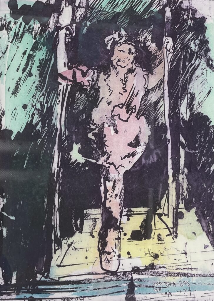 Photo of British artist Hilary Barry's etching "No Chains" (A4), based on her larger painting with the same title of a girl standing on a swing