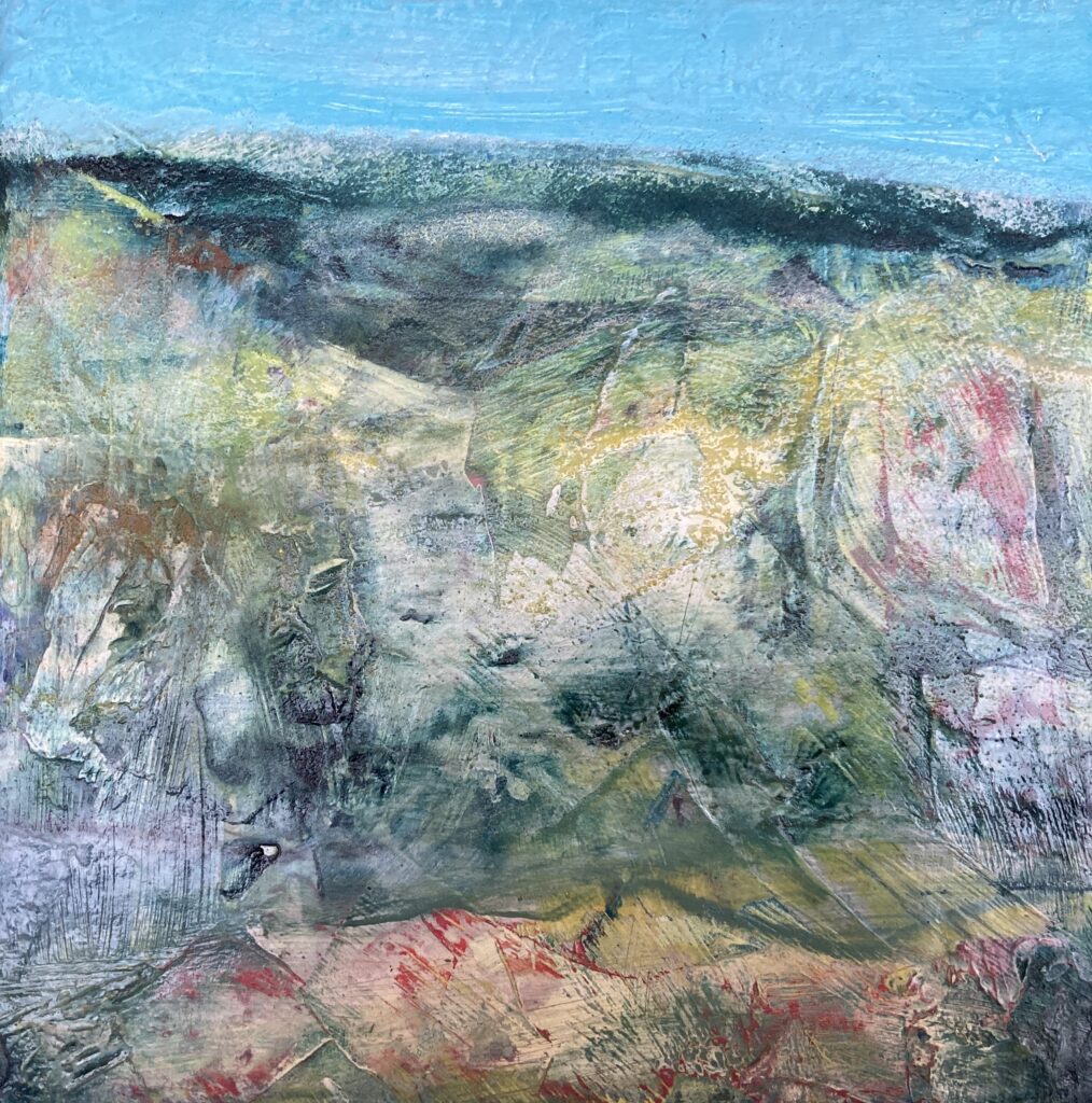 Photo of British artist Hilary Barry's landscape painting "Not Forgotten" (oil on canvas, 18 x 18 cm)