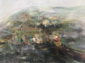 Photo of British artist Hilary Barry's landscape painting "On the Hill" (oil on canvas, 182 x 122 cm)