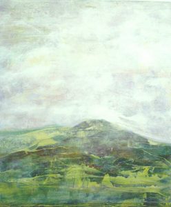 Photograph of British artist Hilary Barry's painting in oil, titled "Over Mountains Winding Down. Size 106 x 127 cm.