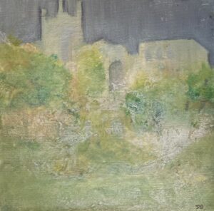 Photo of British artist Hilary Barry's landscape painting "Past Beauty" (oil on canvas, 27 x 27 cm)