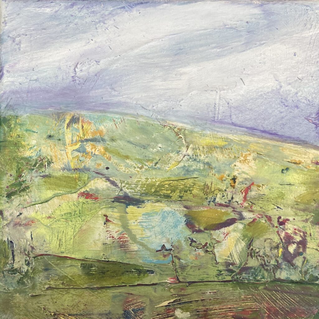 Photo of British artist Hilary Barry's landscape painting "Revealing the Undoing" (oil on canvas, 20 x 20 cm)