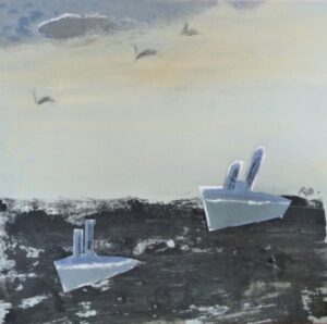 Artist Ros Bieber's painting "Tug Boats" (organic paint, sand and collage). 