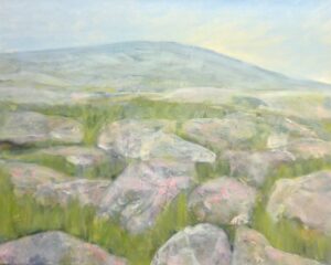 Photo of British artist Hilary Barry's landscape painting "Rough Ground" (oil on canvas, 60 x 61 cm)