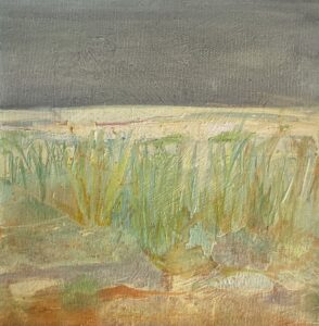 Photo of British artist Hilary Barry's landscape painting "Safe for Now" (oil on canvas, 27 x 27 cm)