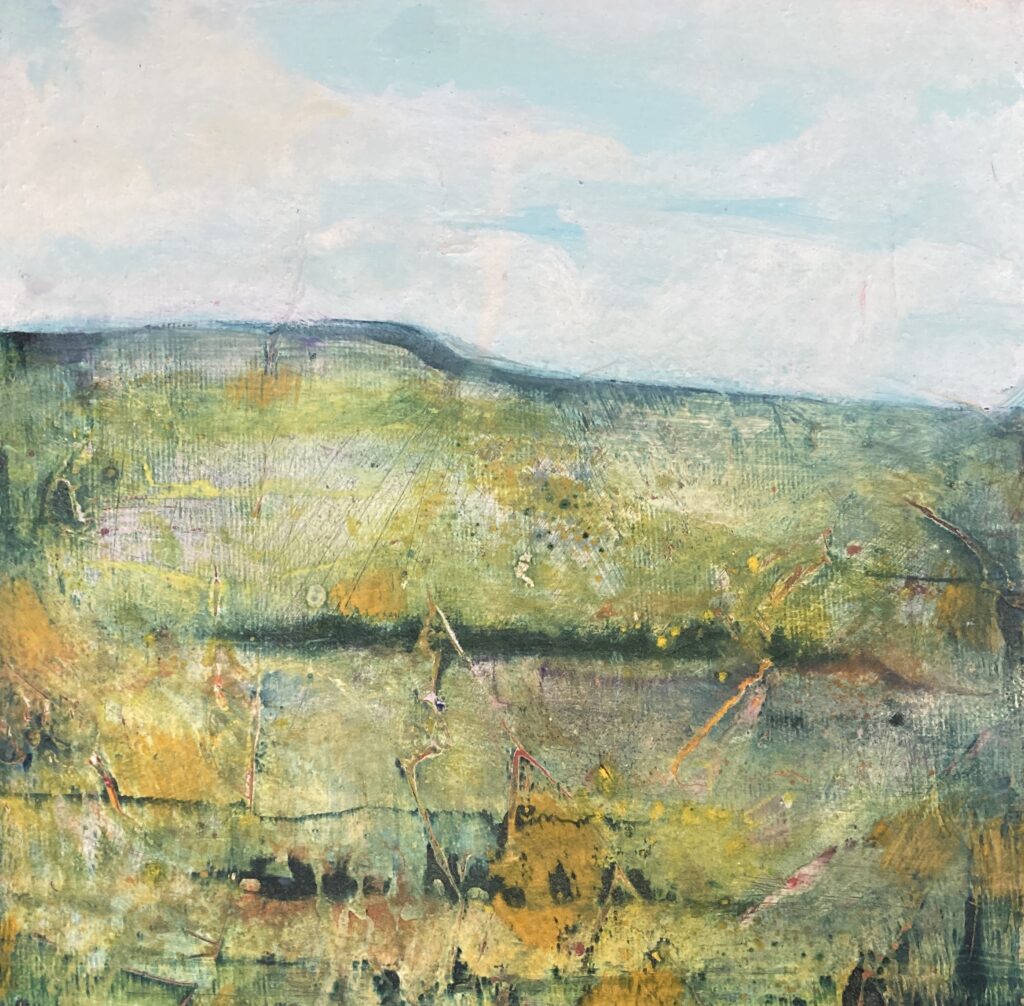 Photo of British artist Hilary Barry's landscape painting "Seeking Answers" (oil on canvas, 27 x 27 cm)