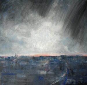 Photo of British artist Hilary Barry's landscape painting "Shadow's Deep Shade" (oil on canvas, 100 x 100 cm)