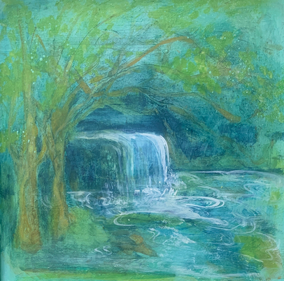 Photo of Hilary Barry's oil painting on canvas "Shiver and Vanish", showing a stream emergng from a wood before becoing a waterfall dropping into a swirling pool.