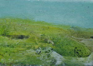 Photo of British artist Hilary Barry's landscape painting "Splashed by Acid Rain" (oil on canvas, 15 x 11 cm)