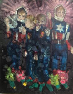 Photograph of British artist Hilary Barry's painting in oil on canvas, titled "The Battle for the Earth Has to Begin Now". Size 122 x 183 cm. Part of the "Superhero" series of 4 paintings.