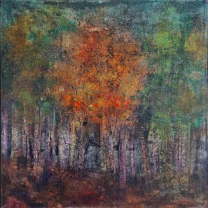 Abstract Suffolk landscape in oil on canvas of trees in a wood, with Autumn coming.
