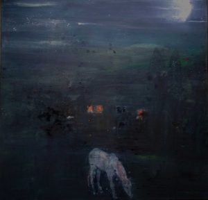Photograph of British artist Hilary Barry's painting in oil, titled "The Bubble of the Moon". Size 80 x 86 cm.
