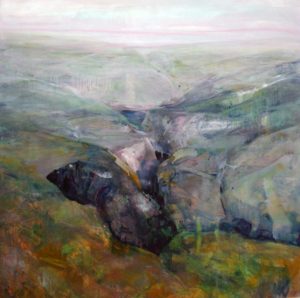 Photograph of British artist Hilary Barry's painting in oil, titled "The Edge". Size 120 x 110 cm